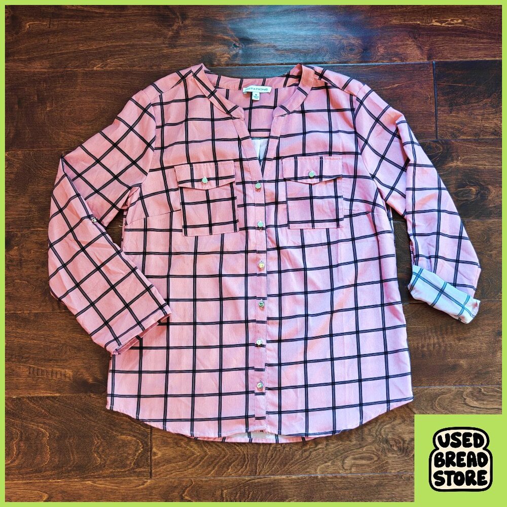 Notations Women’s Button-up Blouse | M | Pink, Plaid | Convertible Sleeves